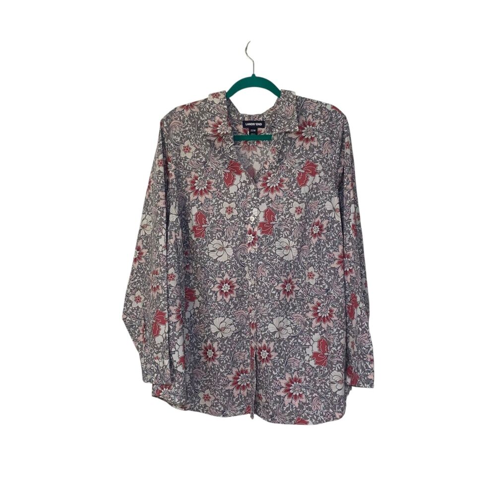 Lands End Womens No Iron Supima Cotton Button Up Shirt 22W Gray Pink Floral Work